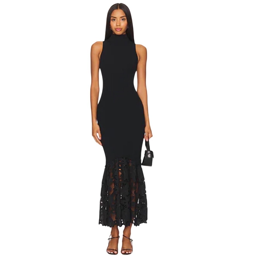 Saylor Black Ribbed Mock Neck Maxi Dress Floral Eyelet Lace Hem XS
